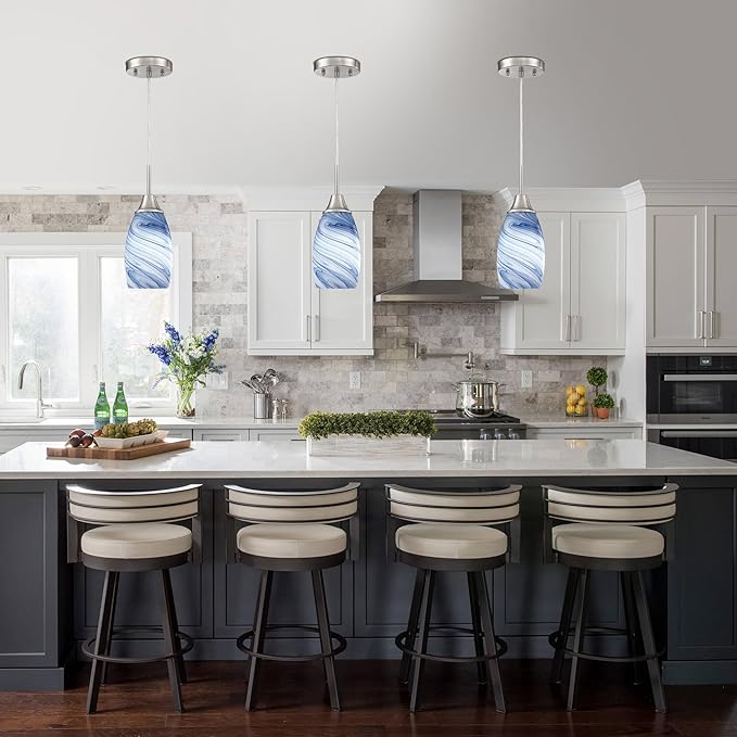 Viinew Mini Glass Pendant Light 1-Pack Dark Blue Marble Art Glass Pendant Lights Kitchen Island Brushed Nickel Finish Hanging Light for Kitchen Over Sink,Dining Room,Foyer,Hallway