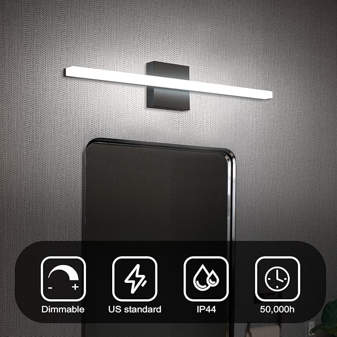 Combuh Bathroom Light Fixtures Dimmable Black Vanity Lights Bar 24 Inch 14W Bathroom Lights Over Mirror ip44 Wall Sconces Daylight White 6000K
