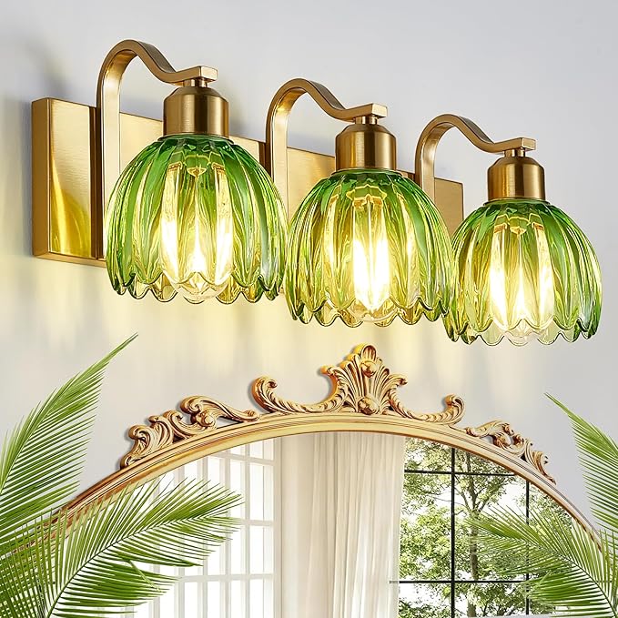 3-Light Vanity Lights with Green Tulip Glass Shade, Gold Bathroom Lighting Fixture Over Mirror, Vintage Vanity Wall Sconce Lamp for Kitchen Living Room Hallway