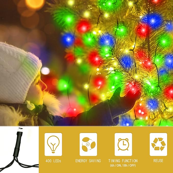 Christmas Tree Lights 400 LEDs with Timer, Xmas String Lights with Ring 16 Strings 6.6FT Easy to Install, Christmas Curtain Fairy Tree Light 8 Modes for Xmas Fir Pine Party Decoration, Colorful