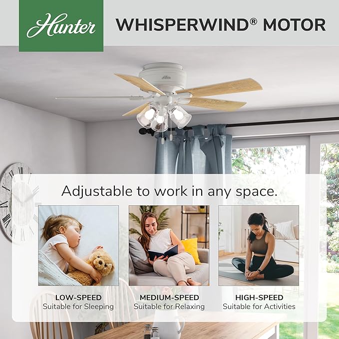 Hunter 52 inch Indoor Ceiling Fan with LED Lights and Pull Chain - Low Profile Mount White Ceiling Fan, 5 Blades, For Bedroom, Living Room, or Kitchen, Quiet - Crestfield 54207, Fresh White