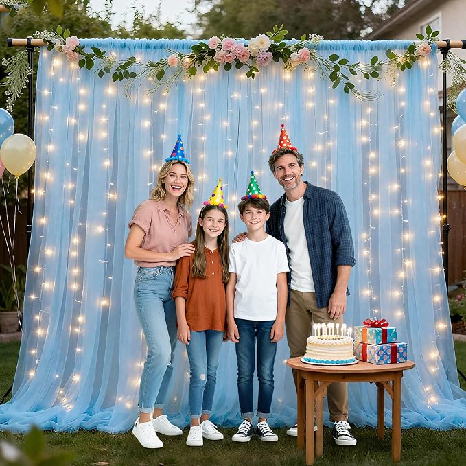 Ledido 4 Pack 10×8ft White Tulle Backdrop Curtains with Lights String - 1200LED Fairy Lights Sheer Curtain Backdrop for Wedding Baby Shower Photo Shoot Birthday Party Decoration(8 Panels 5×8ft)，White