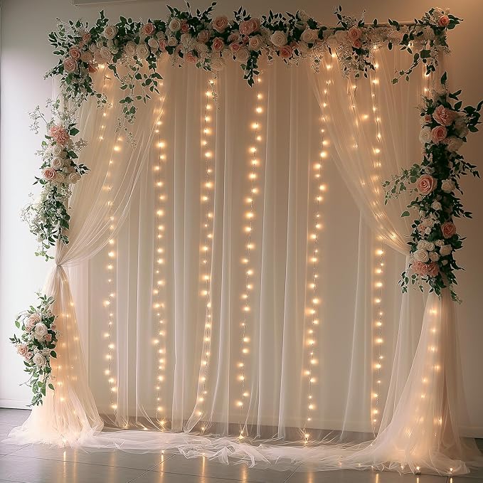 10x10ft Champagne Tulle Backdrop Curtain with Lights String Sheer Drapes for Wedding, Birthday, Baby Shower, Bridal Shower, Photo Booth, Party, Home Decor (2 Panels)