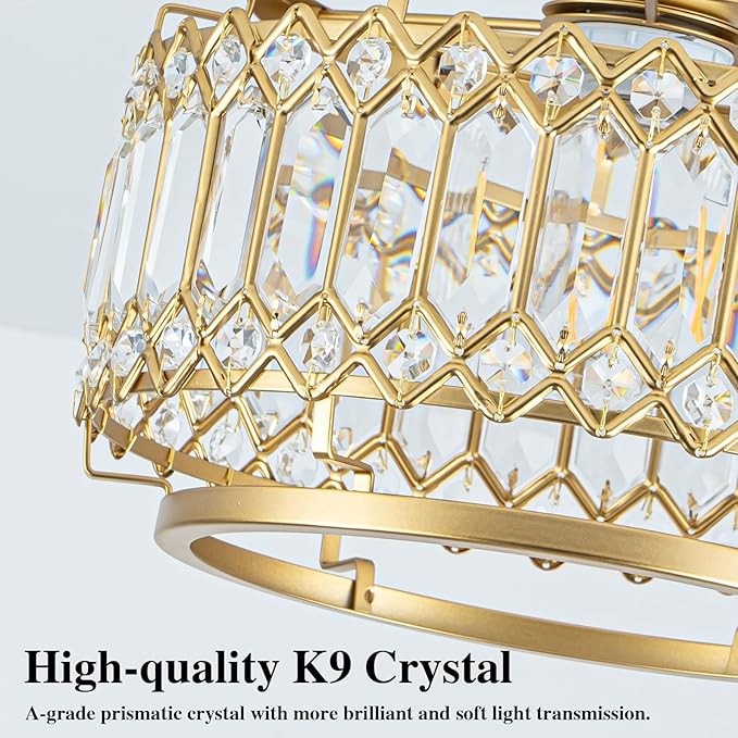 Modern Gold Crystal Flush Mount Ceiling Light with LED Bulb (50% Brighter) – 11.4" Dimmable Chandelier for Dining Room, Bedroom – Reinforced Iron Frame & K9 Crystals – Easy Install