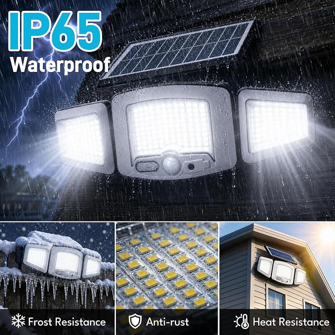 Solar Flood Lights Outdoor, 231 LEDs Clip-on Motion Sensor Lights 2000LM , 3 Heads Security Light with 360° Wide Angle,IP65 Waterproof Flood Wall Light with 3 Modes for Backyard,Patio,Garage(1 PACK)