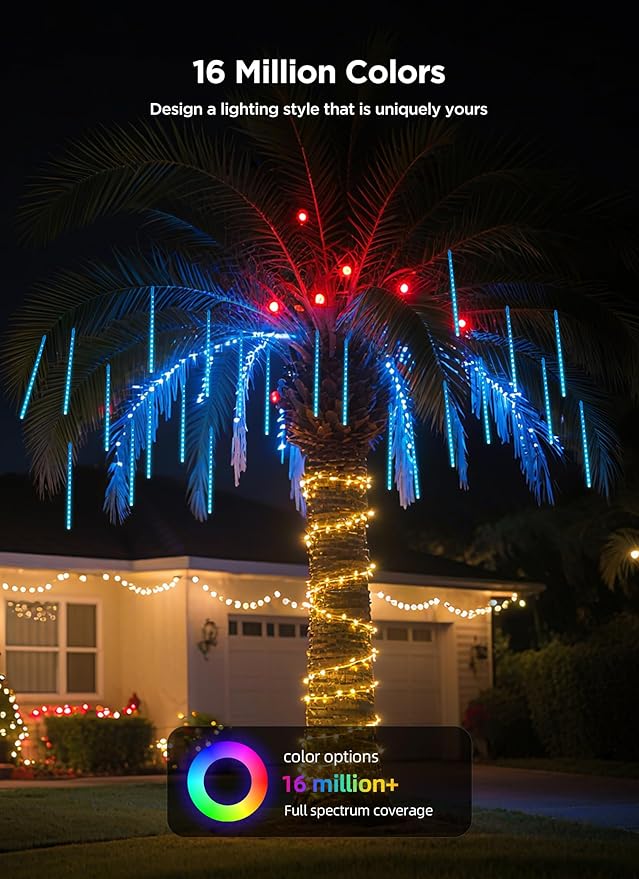 Smart Meteor Shower Lights Outdoor, 16Tube 256LED 24.6ft Color Changing Dripping Icicle Christmas Lights for Outdoor Outside, APP Controlled RGB Customize Display DIY Dynamic Lighting Effec