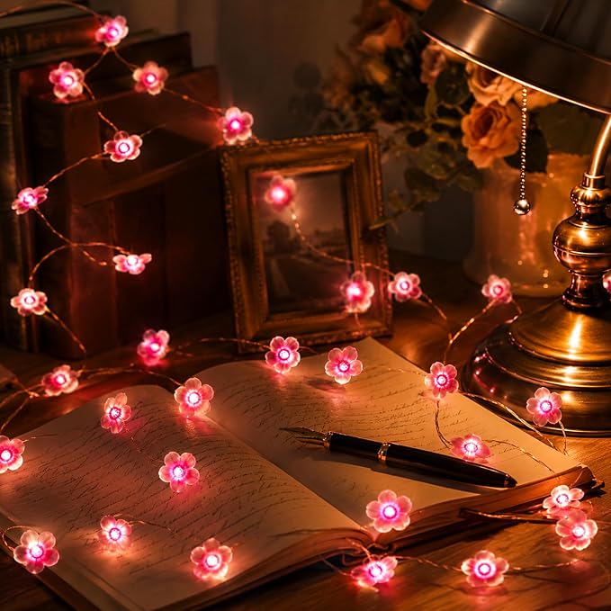 USB/Battery Operated 13ft Copper Wire 40LED Pink Cherry Blossom Fairy Light | Flower-Shaped Fairy Lights String – Indoor & Outdoor Hanging Decor for Valentine's Day, Mother's Day, Wedding Parties