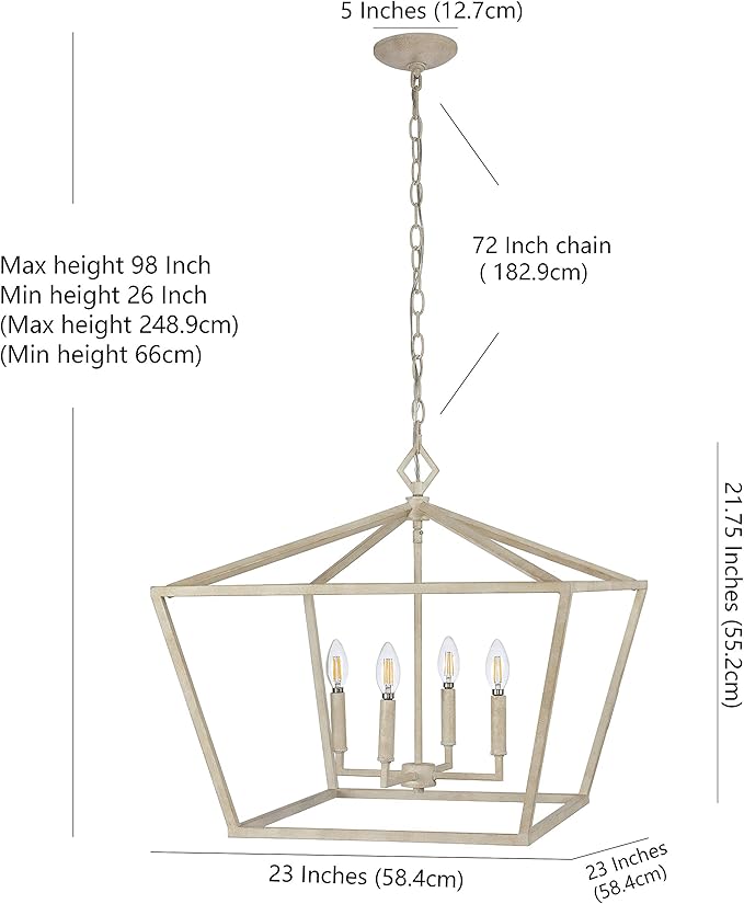 JONATHAN Y 23" Antique White 4-Light Rustic Glam Adjustable Iron LED Pendant, Open Cage Lantern Hanging Light for Dining Room, Kitchen Island, Foyer, Farmhouse French Country JYL7520A