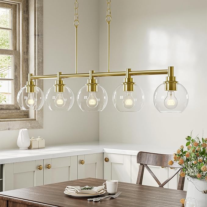 VONLUCE Dining Room Light Fixture Over Table, 5-Light Kitchen Island Lighting with Round Glass Shades & Adjustable Hanging Heights, Linear Chandlier for Dining Room Kitchen, Gold, ETL Certificated