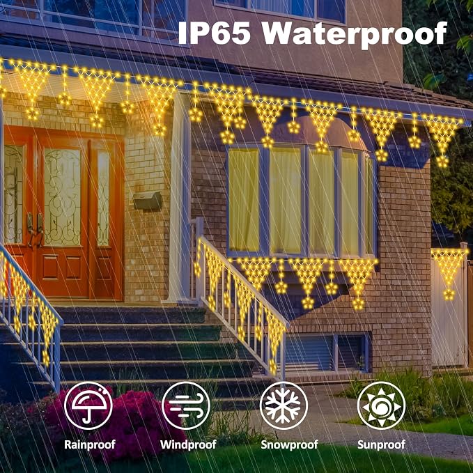 Outdoor Christmas Lights, 13.8ft 218 LED Curtain Lights, Icicle String Lights with 12 Drop Stars for Curtain, Indoor, Garden, Patio, Wedding, New Year, Home Decoration - Warmwhite