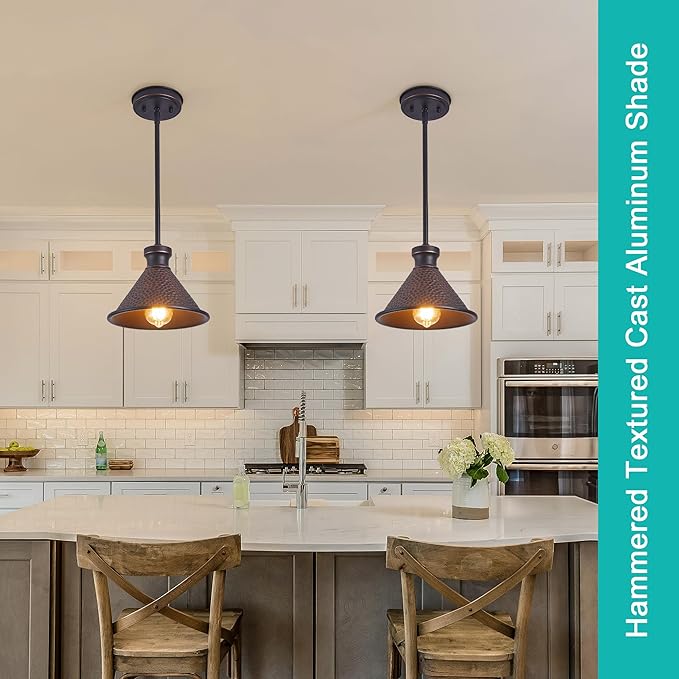 Tarentlight Pendant Light (2 Packs), Kitchen Lights Ceiling Hanging,Oil-Rubbed Bronze Finish, Farmhouse Lighting for Kitchen Island Room,Vintage Hammered Textured Aluminum Shade, Height Adjustable