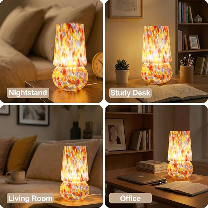 9.8 Inch Mushroom Table Lamp, UL Listed Dimmable Small Desk Bedside Lamp with Woven Beige Cord, Handcrafted Pattern, Murano Home Decor for Bedroom, Living Room, Pastel Confetti, No Bulb Included