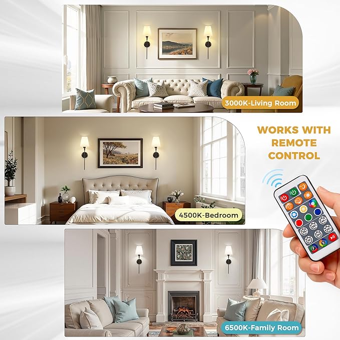 DORESshop Battery Operated Wall Sconce Set of 2, Wireless Wall Light Easy to Install, 15 Color Rechargeable Wall Sconces, Sconce Wall Decor Set of 2 for Bedroom, Living Room, Black, 24.6in