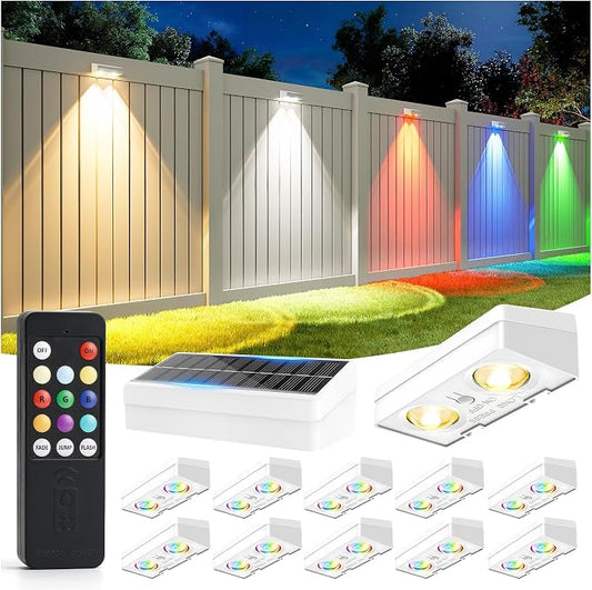 JOFIOS Fence Lights Solar Powered with Remote, 9 Fixed Colors ＆ Color Changing White Fence Lights Waterproof IP65 Dusk-to-Dawn LED Deck Lighting for Patio, Railing, Pool, Porch, Backyard, 12 Pack