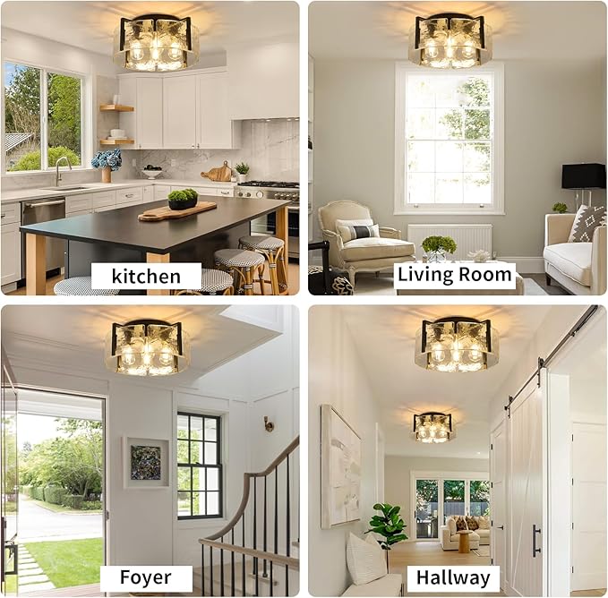 Black Semi Flush Mount Ceiling Light Fixture, 17.7-Inch Glass Drum Flush Mount Light Farmhouse Modern Lights Kitchen Lighting Fixtures for Foyer Entryway Hallway Bathroom Bedroom Laundry Room