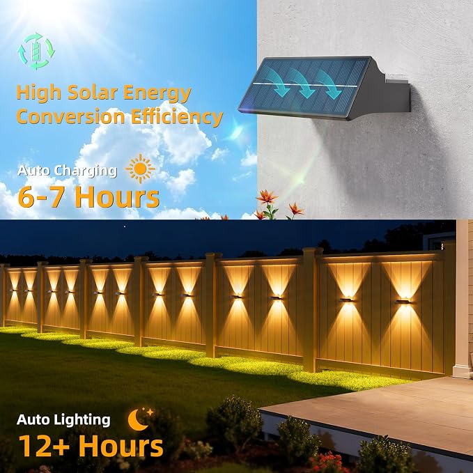 NIORSUN Solar Fence Lights Outdoor, 6 Pack Up and Down Waterproof Solar Wall Lights, Warm & Cool White + RGB, Fence Lights with Lens, Dusk to Dawn Lighting for Patio, Backyard, Pool, Railing (Black)