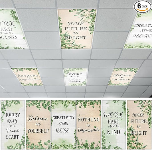 QOUBAI 6PCS Fluorescent Light Covers, 4x2 Feet Magnetic Light Cover Fluorescent Lights Shade Panel Positive Inspirational Ceiling Lights Filters for Office Classroom Home Drop Ceiling Eucalyptus
