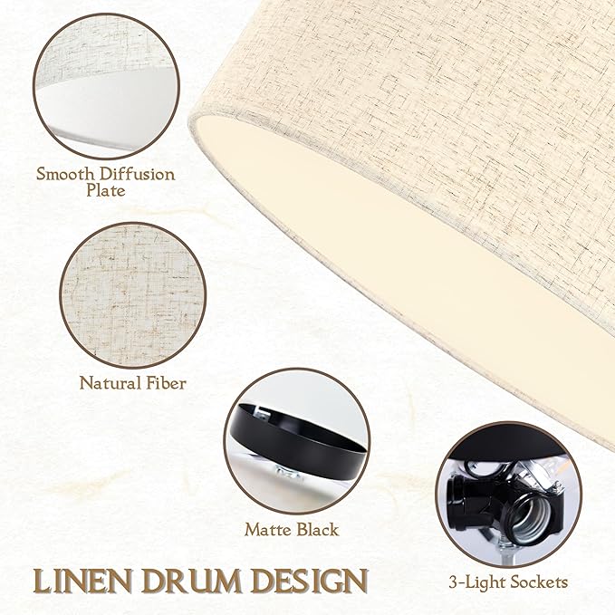 15.7 Inch Flush Mount Ceiling Light Black Close to Lights Fixture with Fabric Shade 3-Light Drum Modern Lights for Dining Room Bedroom Hallway