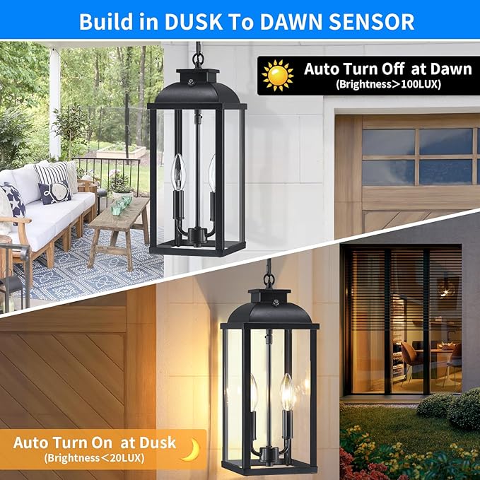 Large Outdoor Pendant Light 2-Light, 15.8" Dusk to Dawn Exterior Hanging Lights Fixture with Clear Glass, Modern Black Outdoor Chandelier for Gazebo Porch Patio Front Door
