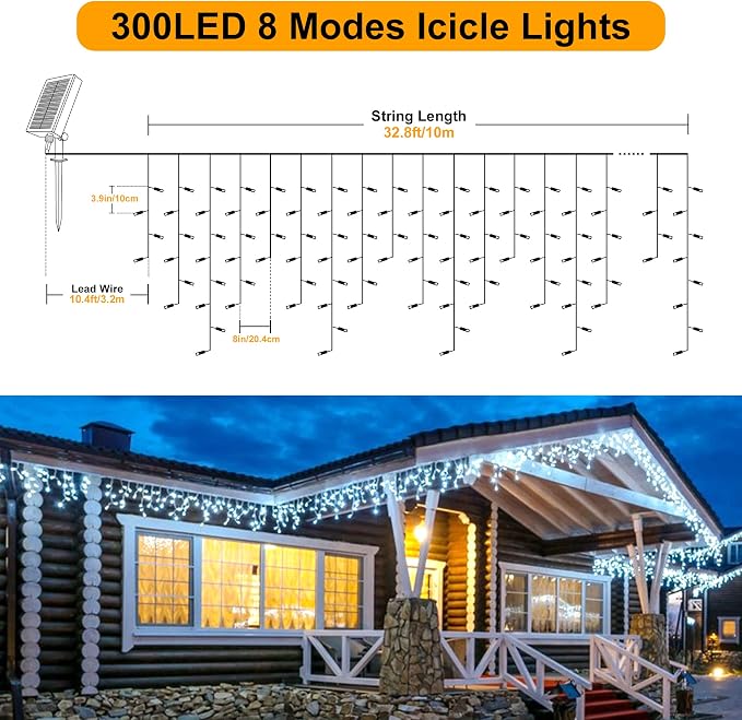 300 LED Solar Icicle Lights Outdoor with Remote Control, 33ft 8 Modes Curtain String Lights with 50 Drops, Christmas Holiday Wedding Party Decorations, White