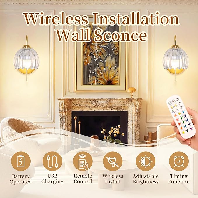 Wireless Wall Sconce with Flower lampshade, Battery Operated Wall Lights,Wall lamp with 15 Colors for Bedroom Living Room Home Decor (Clear-Tulip, 2 Light Battery Operated)