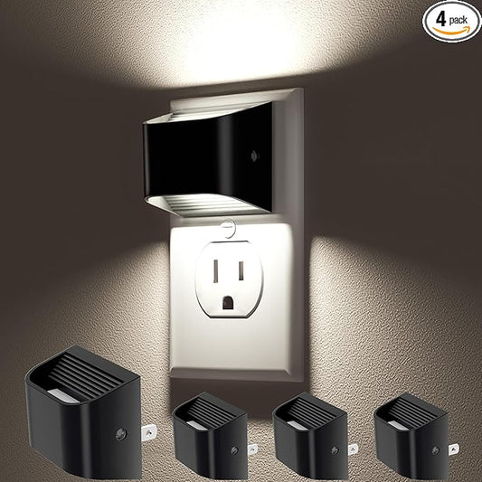 VOLISUN LED Night Light Cool White, 4 Pack Up and Down Night Lights Plug into Wall with Dusk to Dawn Light Sensor, 6000K Nightlight for Hallway, Bedroom, Bathroom, Kitchen Black