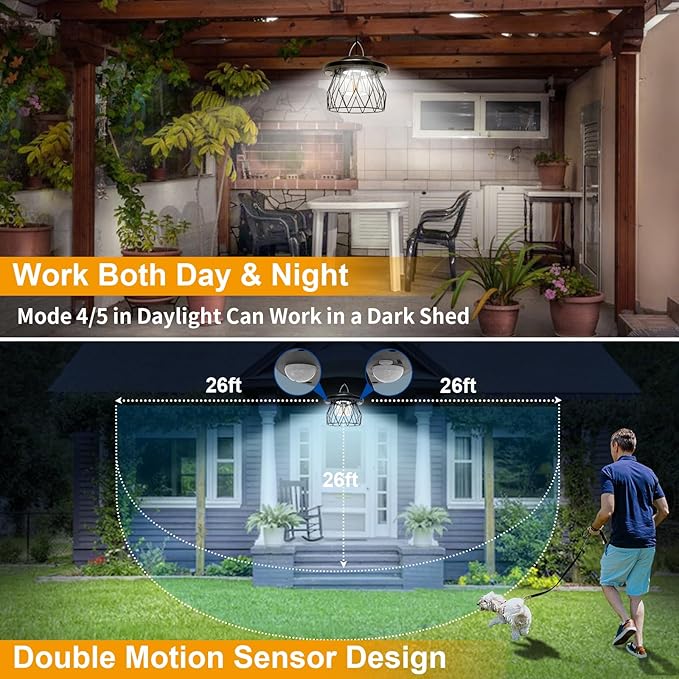 Shed Light Solar Powered, 2 Motion Sensor Lights Outdoor with Remote, Unique Diamond Design Metal Frame Hanging Lantern with Timer, Gazebo Lights for Patio Barn Garage Shop
