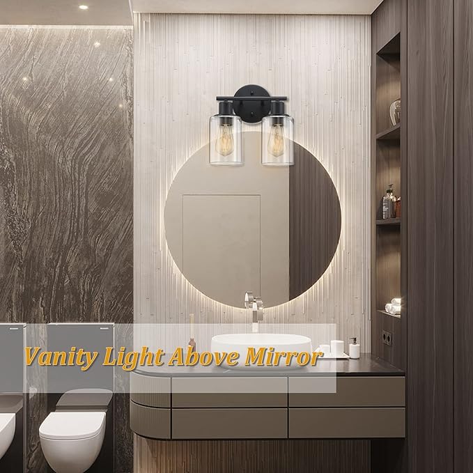 Bathroom Vanity Light Fixtures, 2-Light Black Vanity Light with Glass Shades, Matte Black Vanity Lights for Bathroom, Bathroom Lights over mirror Wall Sconces for Mirror Living Room Bedroom Hallway