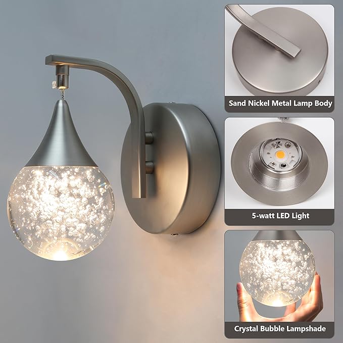 Sedelan LED Crystal Bubble Wall Sconce, 5W Dimmable Modern Wall Light Fixture, 3300K Warm White Indoor Lighting for Bedroom Bedside Living Room Bathroom Hallway, Sand Nickel