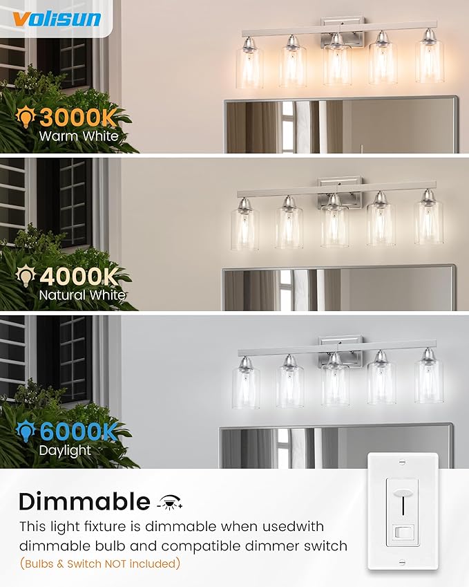 VOLISUN Bathroom Light Fixtures, Bathroom Vanity Light Over Mirror, Modern Vanity Lights for Bathrooms, Bathrooms Lights Fixtures Over Mirror with Clear Glass Shades