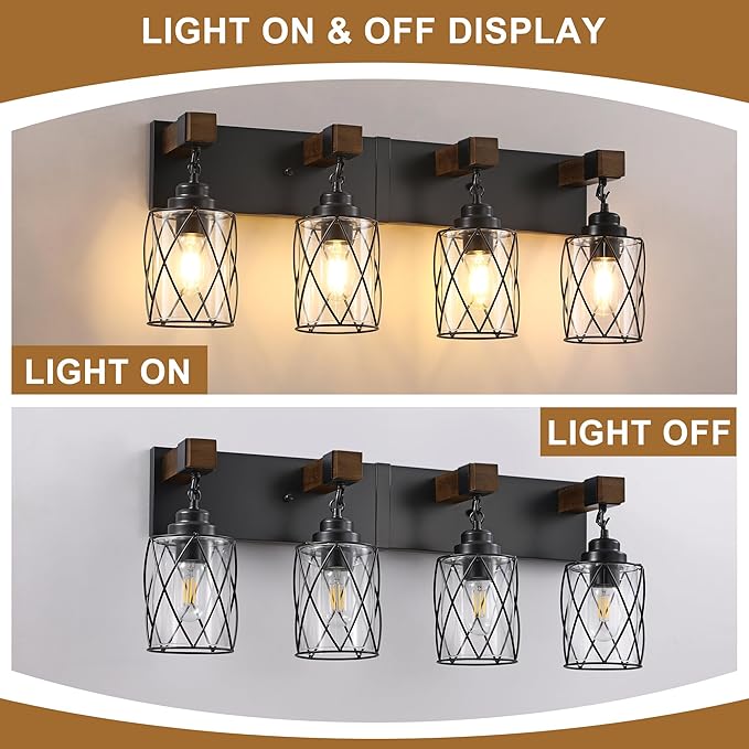 Farmhouse Bathroom Light Fixtures, 4 Light Bathroom Vanity Light with Metal and Glass Lampshade, Wood Rustic Lighting Fixtures Over Mirror, Black Wall Sconces for Living Room, Bedroom