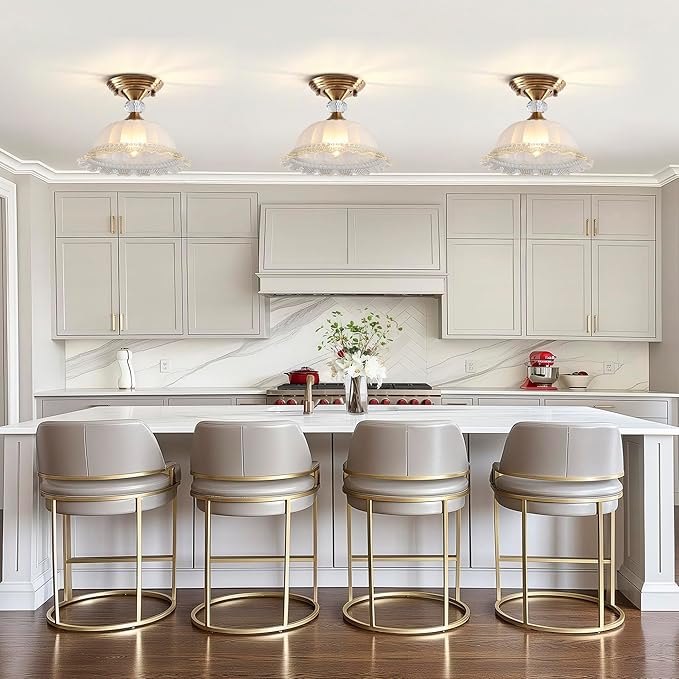 10.6" Milk Glass Semi Flush Mount Light Fixture Brass Gold Modern Hallway Light Vintage Close to Ceiling Light for Bedroom Entryway Kitchen Sink Porch