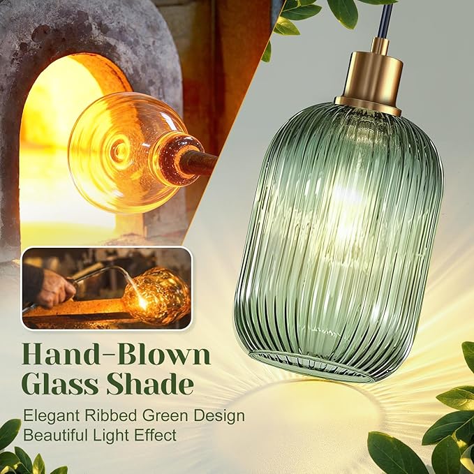 2 Pack Pendant Lights with Vintage Green Ribbed Glass Lampshade, Adjustable Brushed Gold Pendant Lights Fixtures for Kitchen Island Lighting Sink, Dining & Living Room Hallway (Bulbs Not Included)