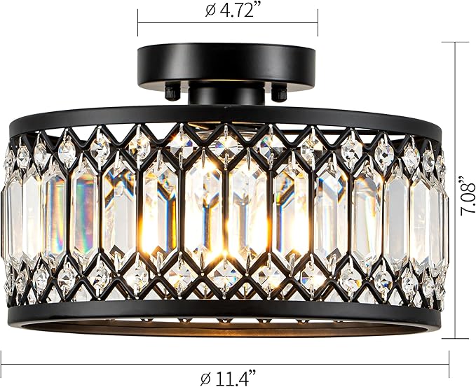 Crystal Black Ceiling Light, Modern Semi Flush Mount Ceiling Light Fixture, Round Small Chandelier for Hallway Entryway Bathroom Bedroom Laundry Room, 1-Light, 11.4 Inch