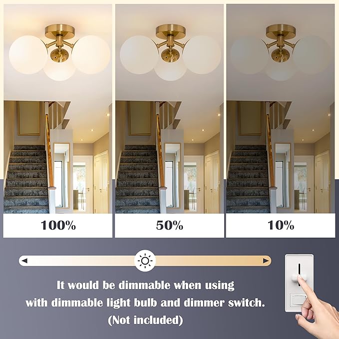 3 Light Mid Century Modern Gold Globe semi Flush Mount Ceiling Brass Chandelier 3-Light Milk Glass Globe Lights Sputnik Ceiling Light Fixture for Bedroom Living Room Hallway