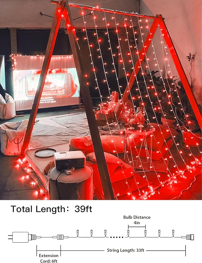 String Lights Indoor Bedroom, 33FT 100 LED Fairy String Lights Outdoor Waterproof, 8 Modes Memory Twinkle Christmas Light Plug in for Classroom Dorm Patio Tree Garden Decor (Red)