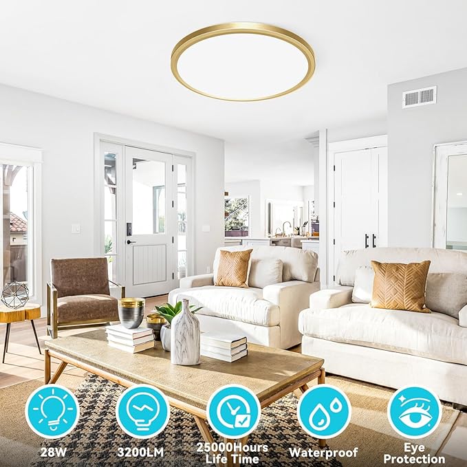 libtit 12 Inch LED Ceiling Light Golden, 28W 3200lm Aureate Flush Mount Ceiling Light, 3 Color Temperature 3000K/4500K/6000K, Gilded Round Flat Light Fixture for Kitchen Bathroom Shower