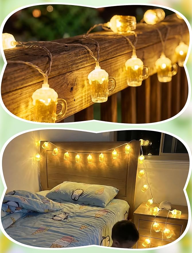 10 LED 3D Beer Mug String Lights Plug in | 8.5Ft Connectable Party Decor | Waterproof & UL Listed Safety, Up to 45 Strands, Summer Tropical Lighting for Luau Pool Tiki Patio Backyard Gathering