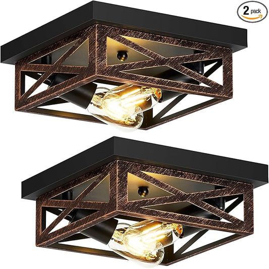 ZHU YAN Flush Mount Ceiling Light,2-Light Farmhouse Light Fixtures,Square Hallway Light Fixtures,Rustic Black Ceiling Light Fixture for Kitchen Hall Entryway Hallway (2 Pack)