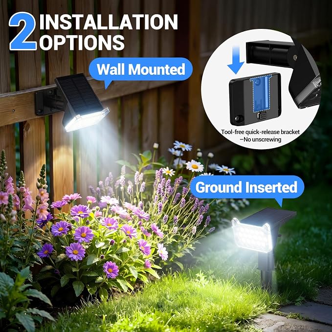 Solar Spot Lights Outdoor Waterproof IP65, Super Bright LEDs with Lens, 6500K 2 Lighting Modes, 2 in 1 Auto On/Off Solar Powered Spotlights for Outside Landscape Holiday Decor, 4 Pack