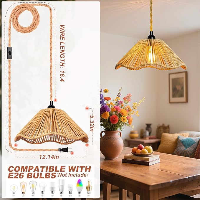 Hanging Lights with Plug in Cord Rattan Hanging Lamp Boho Ceiling Light Fixtures Farmhouse Pendant Lamp Shape for Living Room Bedroom Kitchen