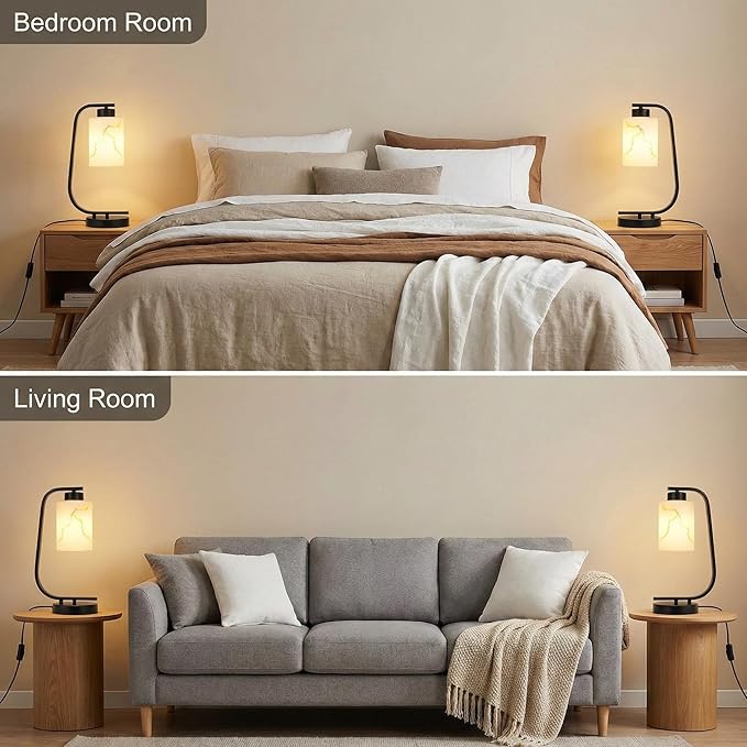 Modern Industrial Table Lamp, Marble Pattern Glass Shade Desk Lamp with C-Shaped Black Metal Base, Bedside Nightstand Lamp for Bedroom, Living Room, Office, E26 Base