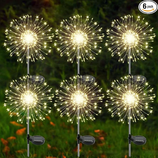 Solar Garden Lights Outdoor, 6 Pack 120 LED Twinkling Firework Lights Decorative with 2 Modes, Outdoor Waterproof Solar Starburst Light for Outside Yard Pathway Garden Decor, Warm White