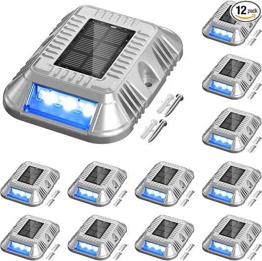 addlon Solar Dock Lights Marine 12 Pack, 2CCT Outdoor Driveway Marker Deck Lights, IP67 Waterproof, Solar Powered Deck Light for Pathway Warning Step Sidewalk Patio, Blue Light & Cool White, FCC