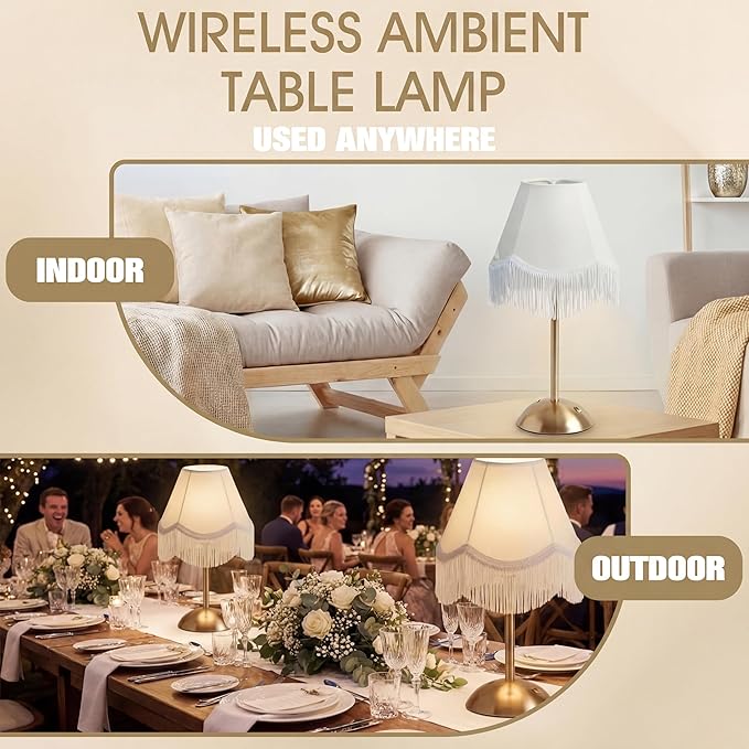4 Pack Wedding Tassel Cordless Table Lamp Rechargeable Touch LED Small Gold Portable Battery Operated USB-c Desk Lamp 3 Color Dimmable for Wedding Birthday Outdoor Party Home