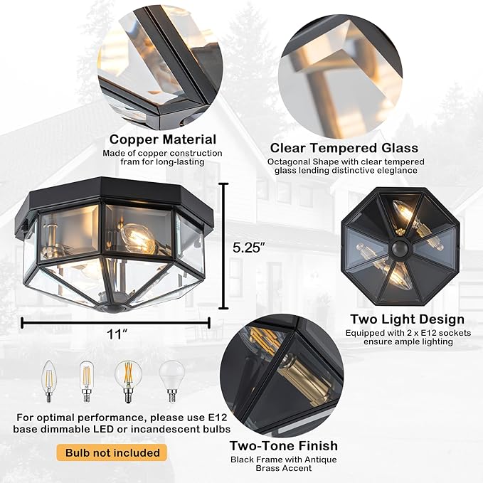 Outdoor Ceiling Light with Motion Sensor, 2-Light Copper Flush Mount Porch Light, Octagonal Outdoor Flush Mount Ceiling Light, Black Exterior Lighting Fixtures for Porch Patio Entryway