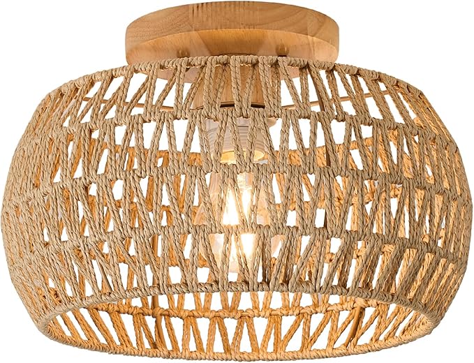 13 Inch Rattan Flush Mount Ceiling Lights Farmhouse Boho Ceiling Light Fixtures Rustic Wicker Hand Woven Rope Cage for Dining Room Kitchen Bedroom Foyer Hallway Entryway
