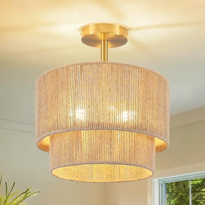 3-Light Boho Light Fixtures Ceiling Mount, 12.6" Rattan Semi Flush Ceiling Light with 2-Tier Shade, Rustic Hand-Woven Chandelier for Hallway Kitchen Foyer Farmhouse Bedroom