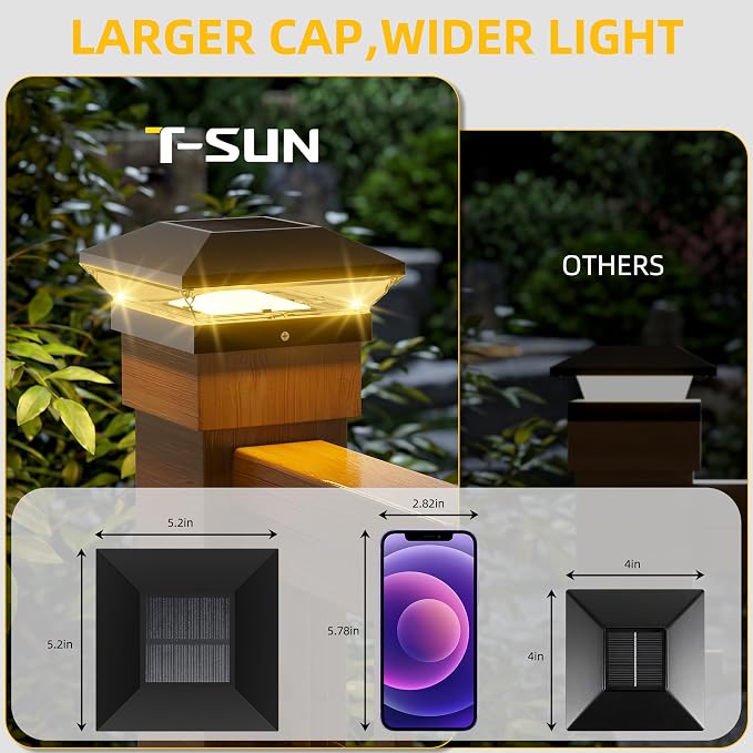 T-SUN Solar Post Cap Lights Outdoor 6 Pack, 2 Modes LED Fence Post Solar Lights Fit for 4x4 5x5 6x6 Vinyl/Wooden Posts, Waterproof Deck Post Lights Solar Powered for Garden Patio Gate Porch
