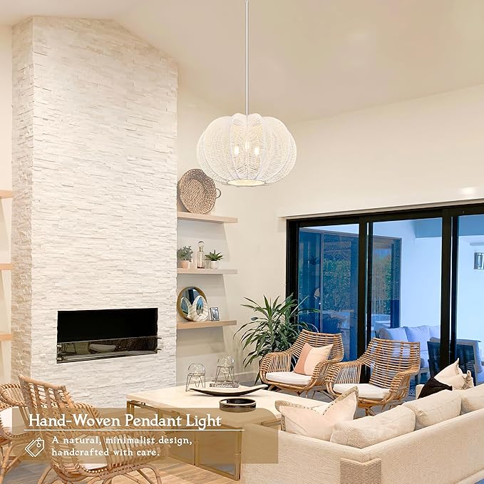 17.7 Inch Rattan Pendant Light White Hemp Rope Rattan Light Fixture Wicker Chandelier Woven Pendant 3-Light Boho Chandelier for Kitchen Island